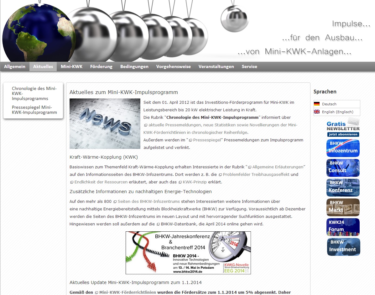 Aktuelle Informationen zu Mini-KWK und dem Mini-KWK-Impulsprogramm (Foto: Screenshot mini-kwk-impulsprogramm.de)