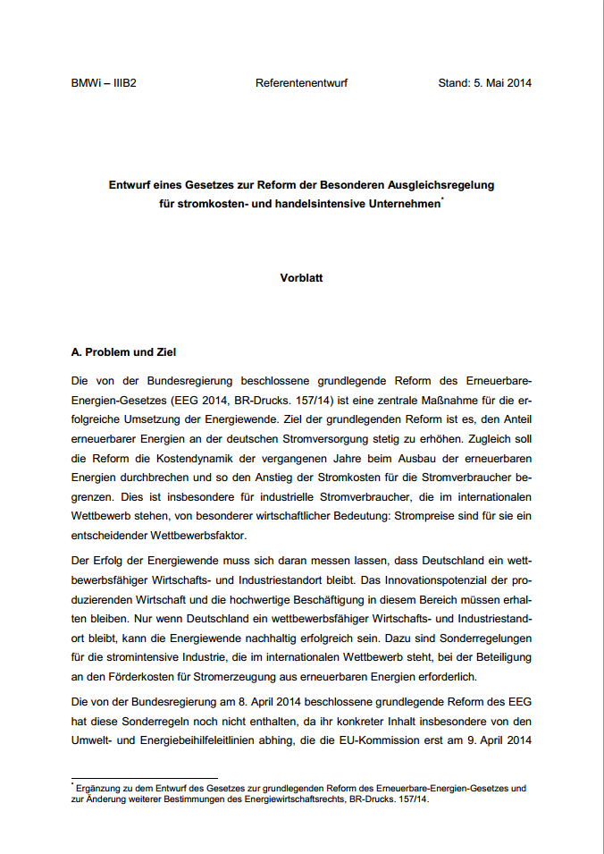 Titelblatt des Referentenentwurfs zur Reform der Besonderen Ausgleichsregelung für stromkosten- und handelsintensive Unternehmen